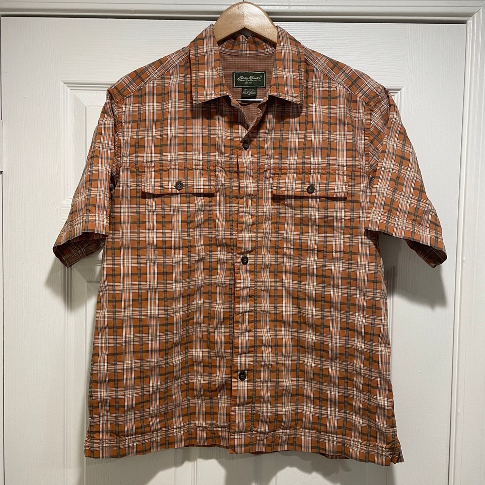 Eddie Bauer Mens Shirt Medium Orange Plaid Cotton Short Sleeve Hiking Casual - Picture 3 of 6